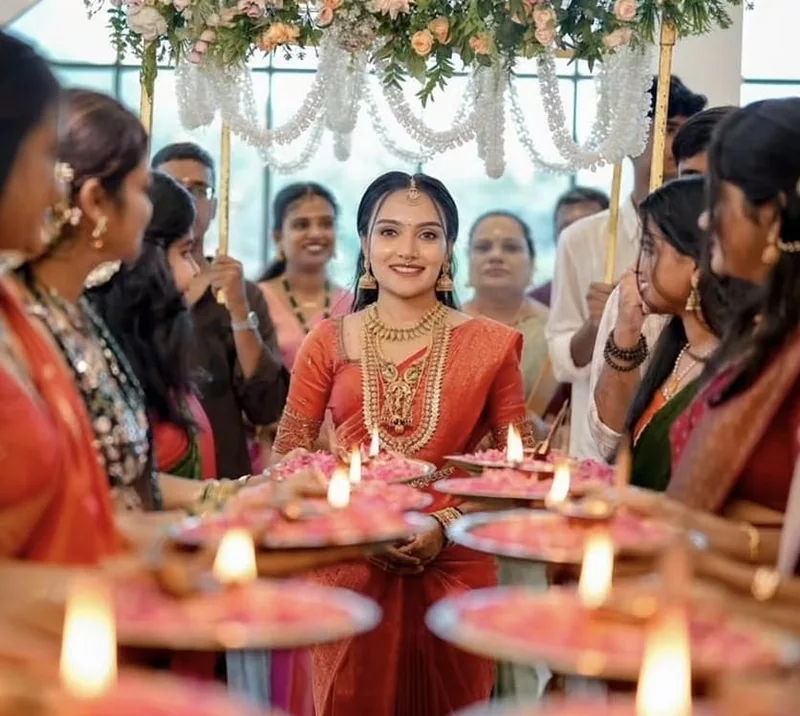A bride surrounded by women holding flower-filled trays and lamps